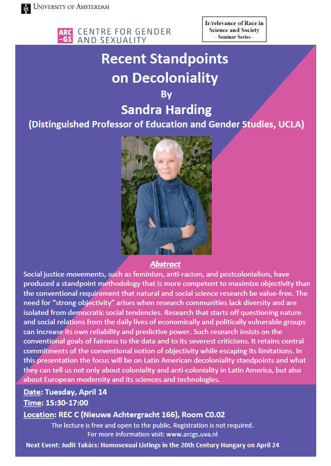 Sandra Harding to give a lecture on decoloniality in Amsterdam on 14 April 2015.